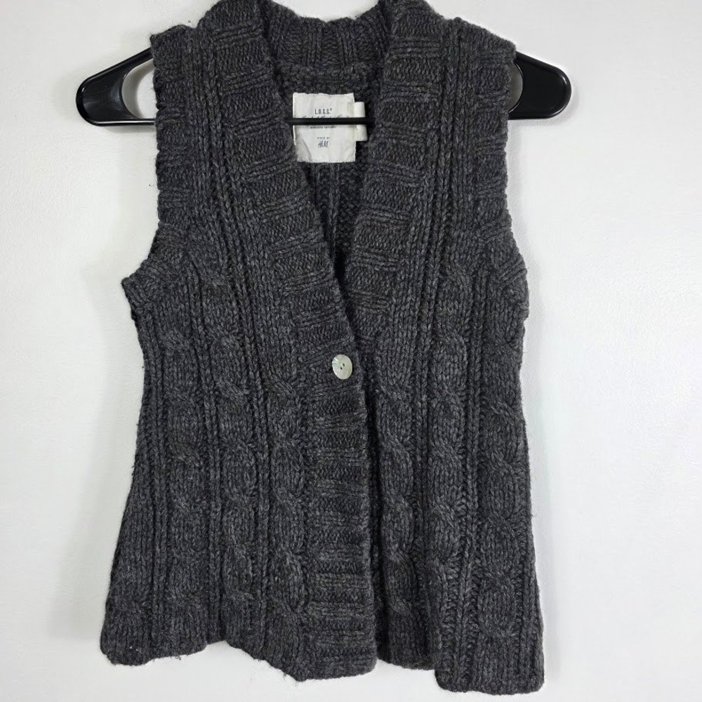 LOGG H M Cable Knit Button Front Vest Sz S Charcoal Lambwool‎ Blend